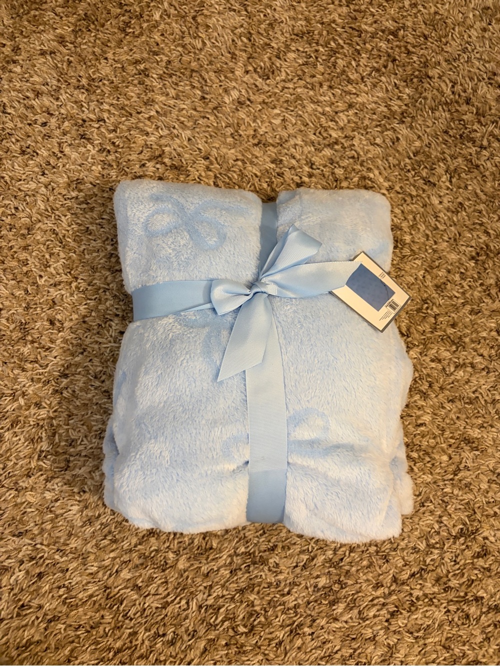 Light Blue Plush Throw Blanket with Bow Pattern